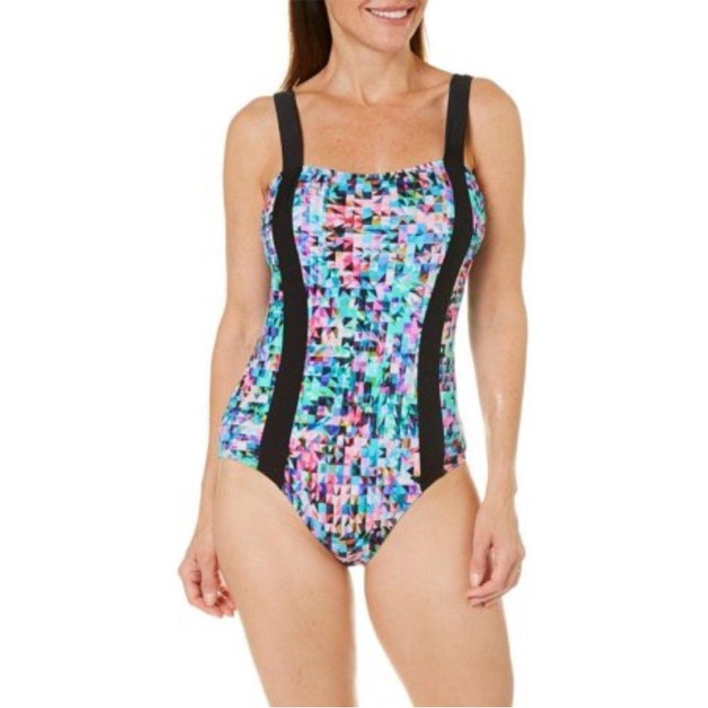 Reel Legends Women’s Geometric Triangle Multicolor Plus Size Swim Suit 3X